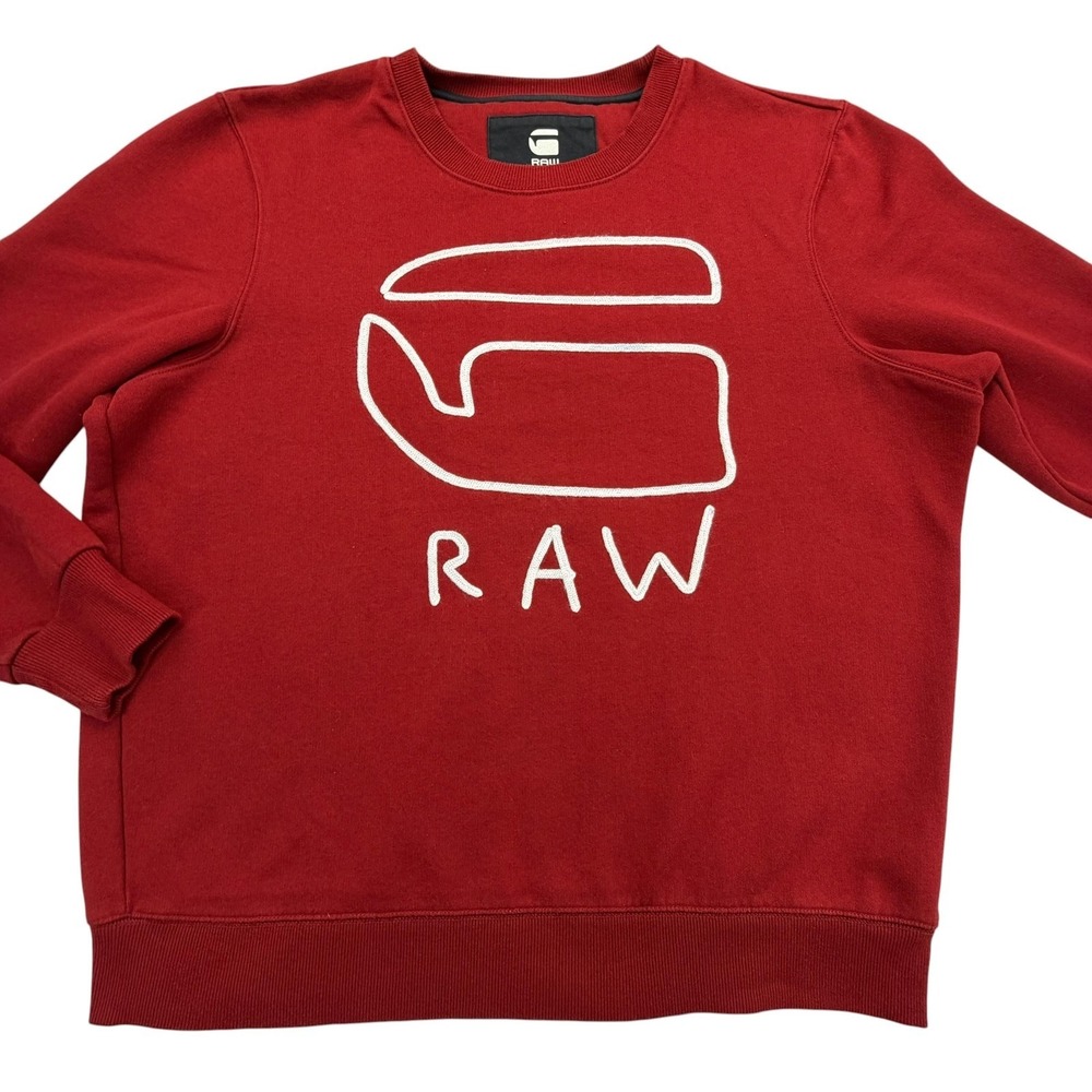 G-STAR RAW Sweatshirt Mens XL Red Pullover Fleece Lined Graphic Logo Heavyweight